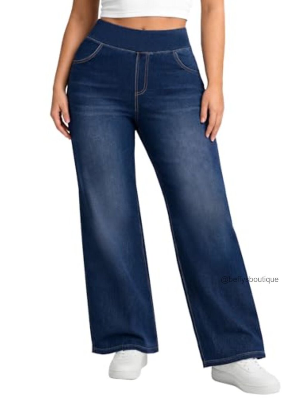 Plus Size Wide Leg Stretchy Pull On Jeans High Rise Tummy Control